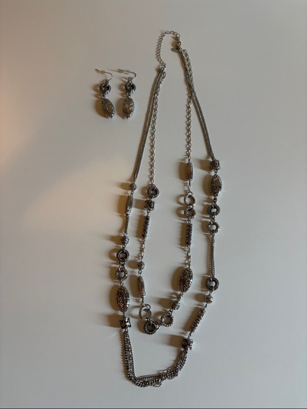 Silver-Tone Multi-Strand Pendant Necklace and Earrings Set